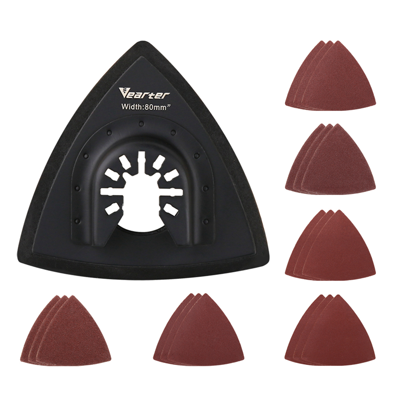 Vearter 19 Uds almohadilla de arena multiherramienta oscilante Triangular de 80mm con hoja de papel de lija de gancho y bucle para moler rebabas y eliminar óxido