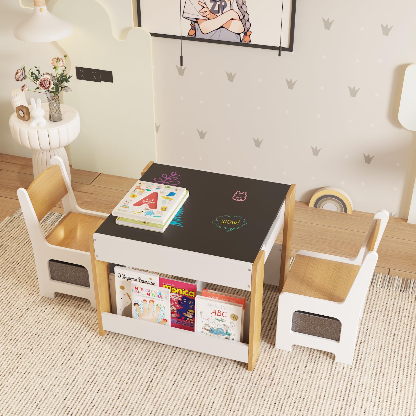 Kindertisch- und Stuhlset – 4-in-1-Aktivitätstisch aus Holz, 2 Stühle mit Aufbewahrungsschublade, abnehmbare Tischplatte zum Ze