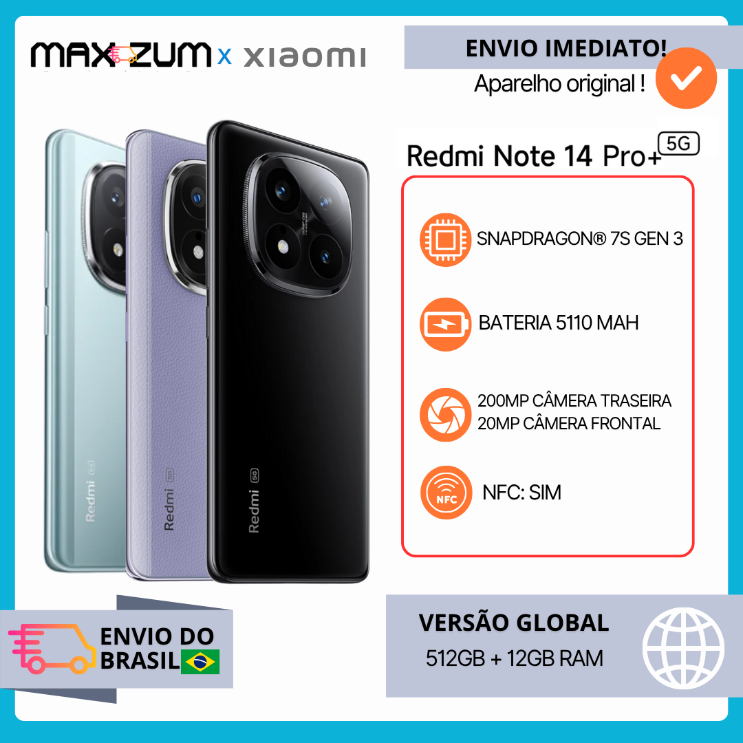 Xiaomi Redmi Note 14 Pro Plus 5G versão global Smartphone 200MP câmera AI Snapdragon ®   7s Gen 3 120W HyperCharge 120Hz