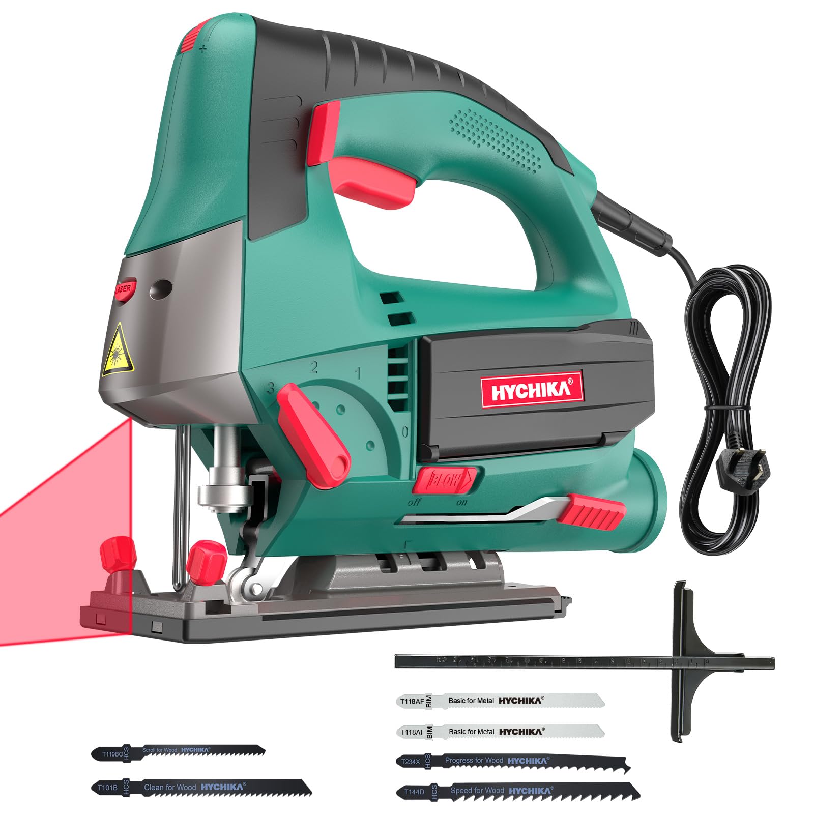 Hychika จิ๊กซอว์ไฟฟ้า800W พร้อมใบมีดเลเซอร์สำหรับตัดเป็นเลื่อยจิ๊กซอว์6ใบ3000SPM เครื่องมือไฟฟ้า