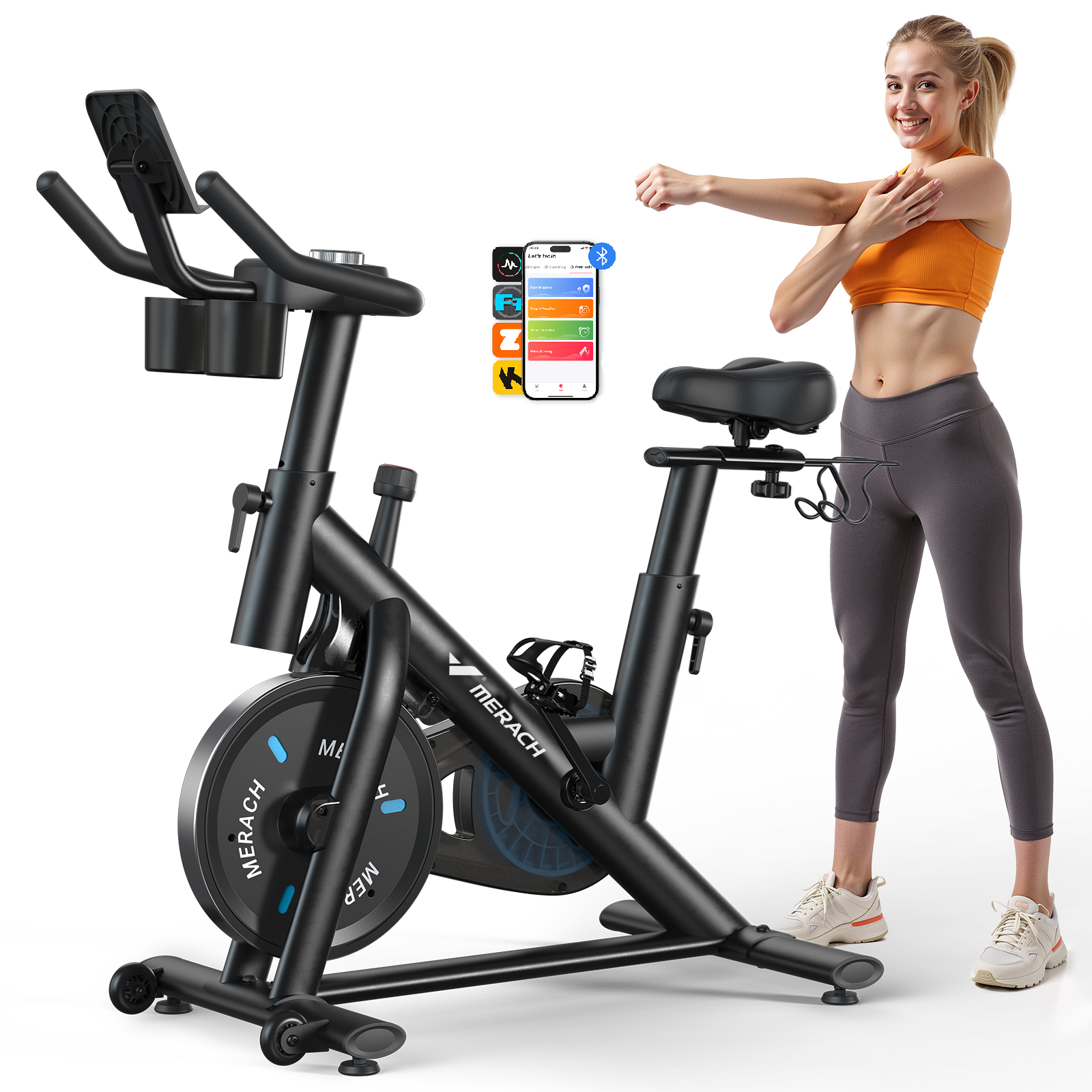 MERACH hometrainer met remblokken/magnetische hometrainer met exclusieve app, stille indoor fiets met fitnesscursussen