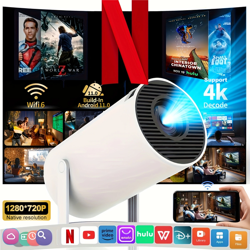 Proyector Inteligente Portátil ZNLYRION HY300, Android 11, Decodificación 4K, Resolución Nativa 1280*720P, 260ANSI, Wifi6, BT5.0, 180 °   Proyector de Cine en Casa Giratorio para Exteriores