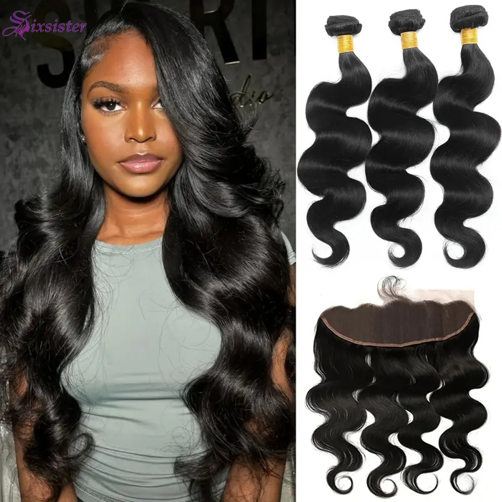 Rambut Body Wave 3 Bundel dengan Frontal Rambut Asli Manusia dengan Frontal Lace 13x4 Hitam Alami Rambut Body Wave Virgin Hair Frontal 13x4