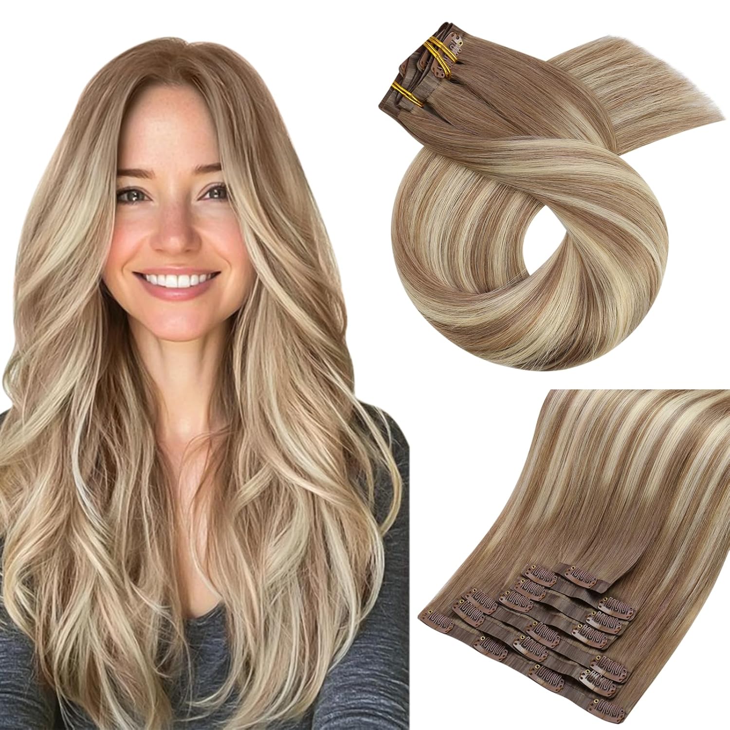 Moresoo Klip PU Tak Terlihat Mulus Dalam Ekstensi Rambut 100% Rambut Manusia Asli Rambut Remy Klip PU Dalam Ekstensi 7 Buah 105G Kepala Penuh