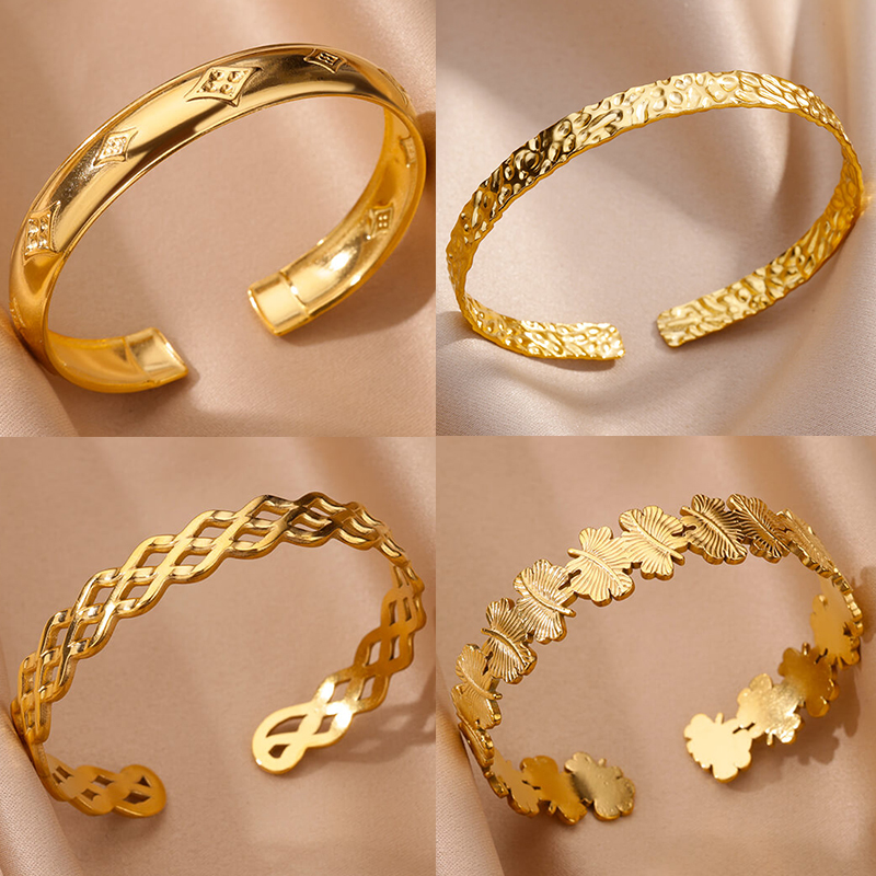 Pulseiras de aço inoxidável para mulheres, cor dourada, textura geométrica, punho aberto, joias vintage