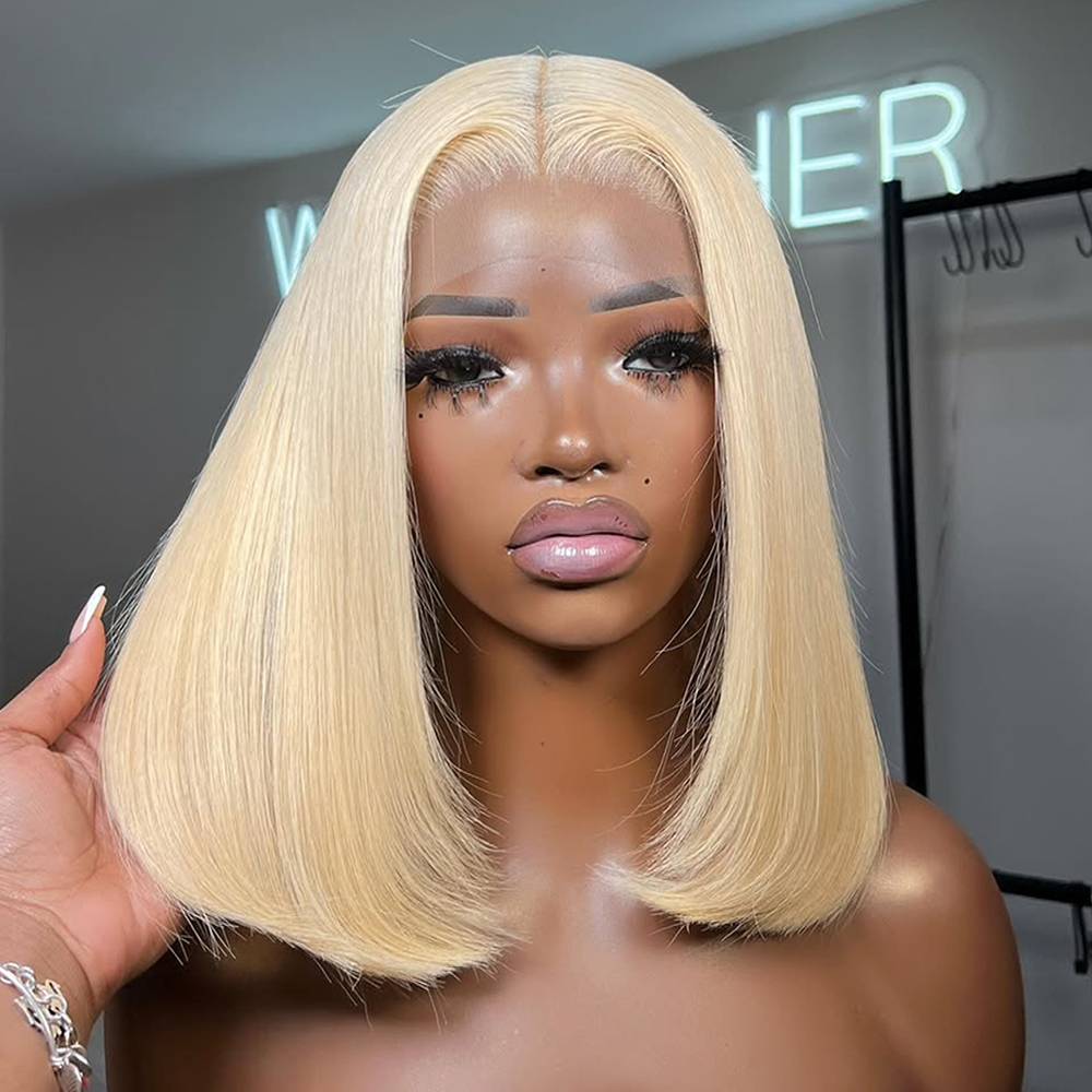Peluca Bob corta rubia 613, pelucas de cabello humano con encaje Frontal 13x4, pelucas frontales de encaje transparente, hueso brasileño recto, 200 de densidad