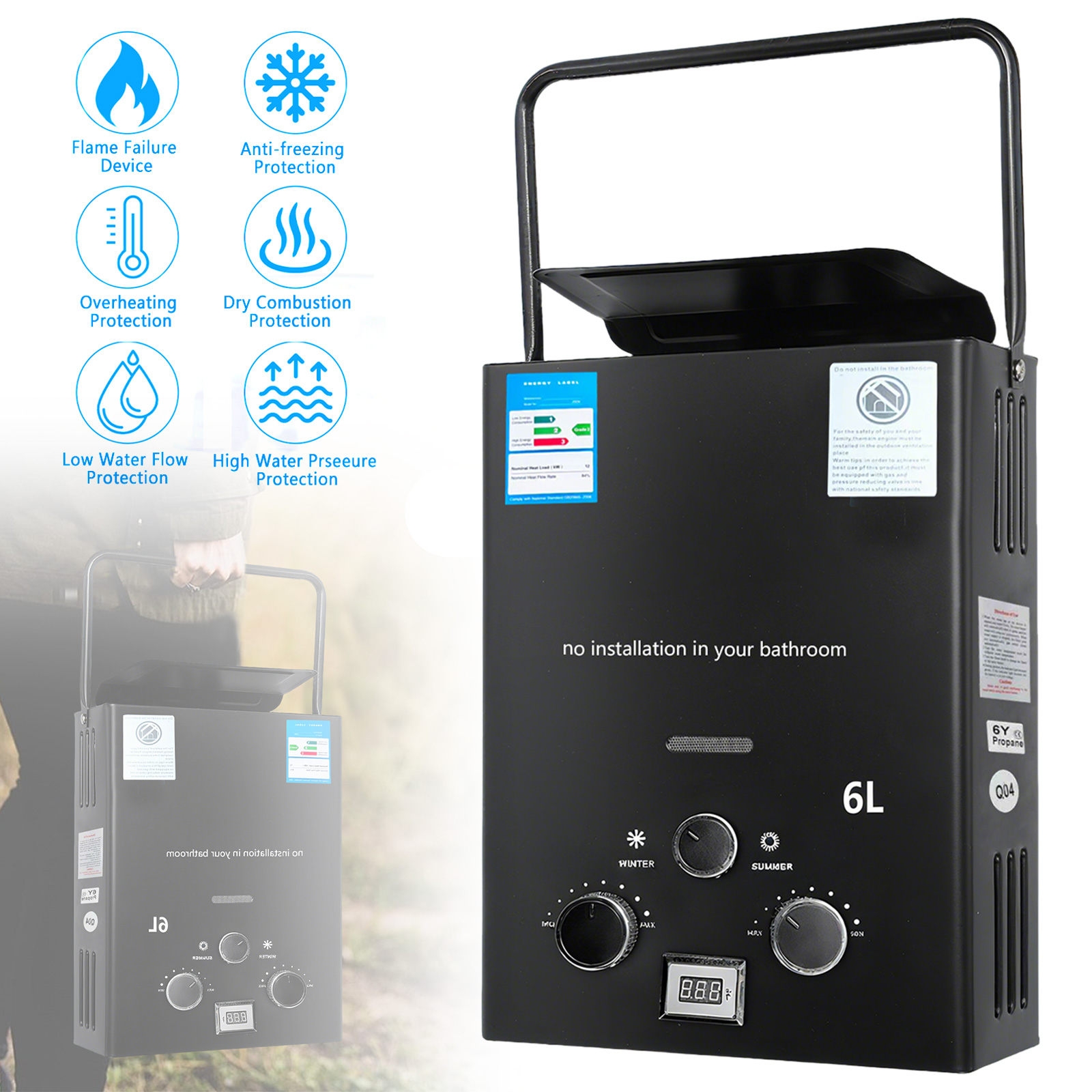 6L LPG Propane Gas Tankless Water Heater Outdoor Camping Instant Heating Bath With Shower Head Hot Water Heater Car Truck Tent