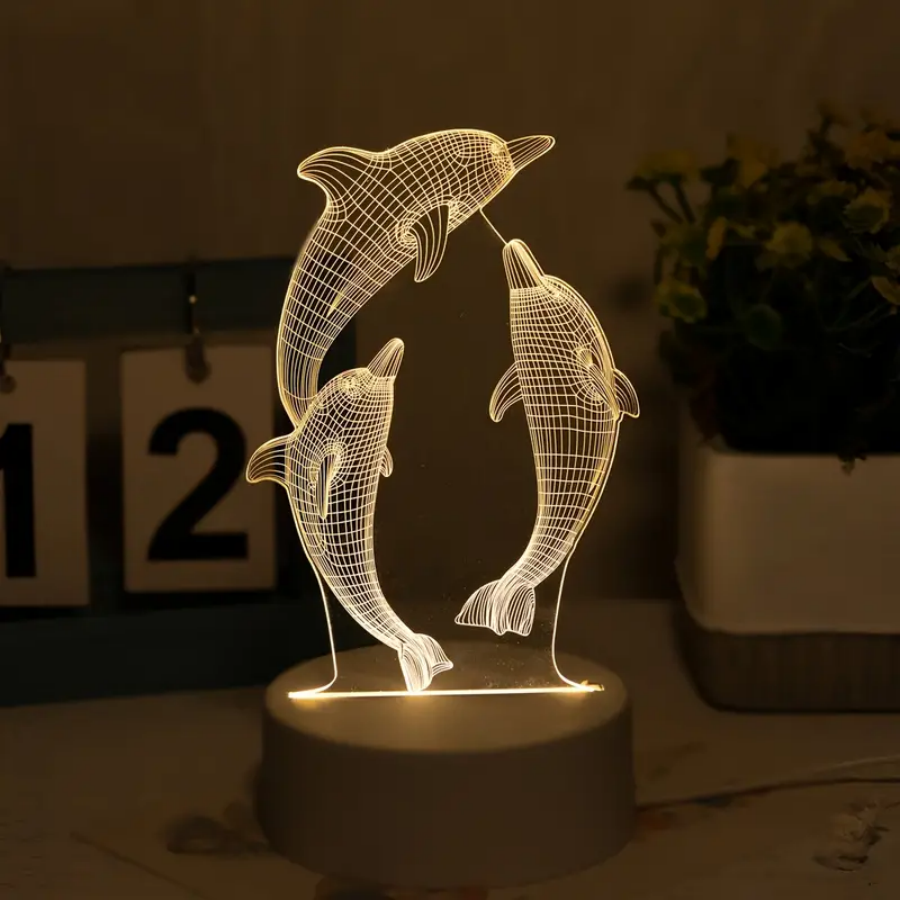 Veilleuse 3D Dauphin Dansant, Lumière d'Ambiance pour Table de Salon, Cadeaux de Fêtes