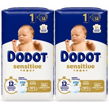 Dodot sensitive diapers size 1 (2-5 kg) savings pack 116 units (2x58) – extreme softness + stop leaks barrier