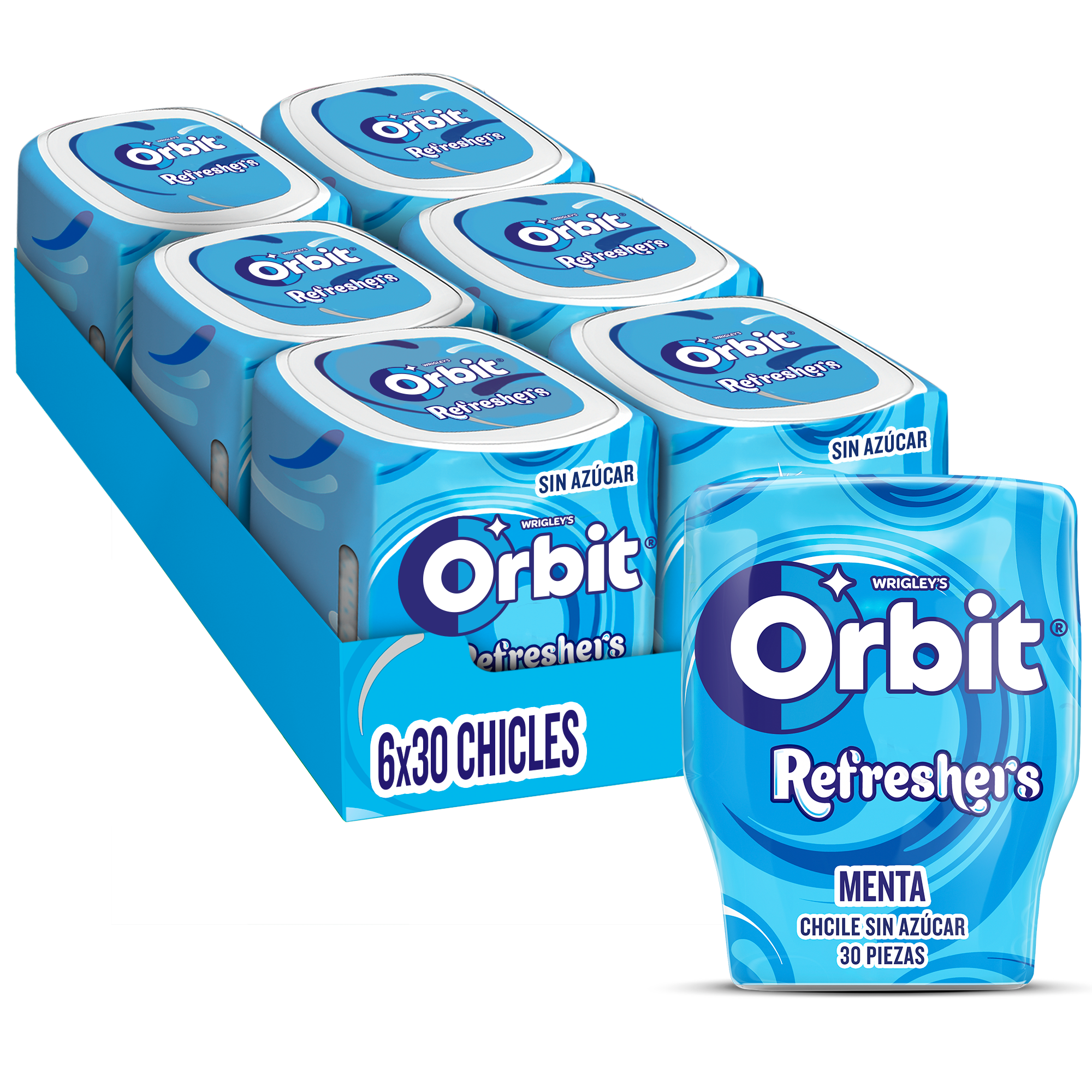 Orbit Refreshers, Chicles Sin Azúcar Sabor Menta que proporciona frescura inmediata, Formato Gragea, 6 Botes x 30 Unidades