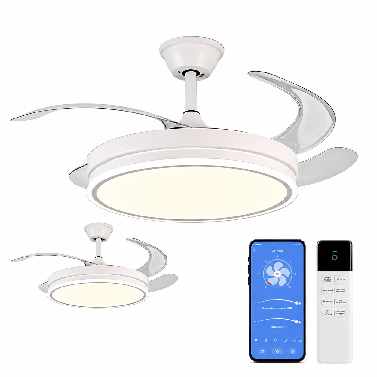 Ventilador de teto inteligente com luz LED retrátil 42 polegadas 106 cm, 4 pás transparentes, potência total 85 W, APP e controlo remoto, 6 velocidades, temporizador, 3 temperaturas de luz 3000K-6000K, motor DC reversível silencioso, branco
