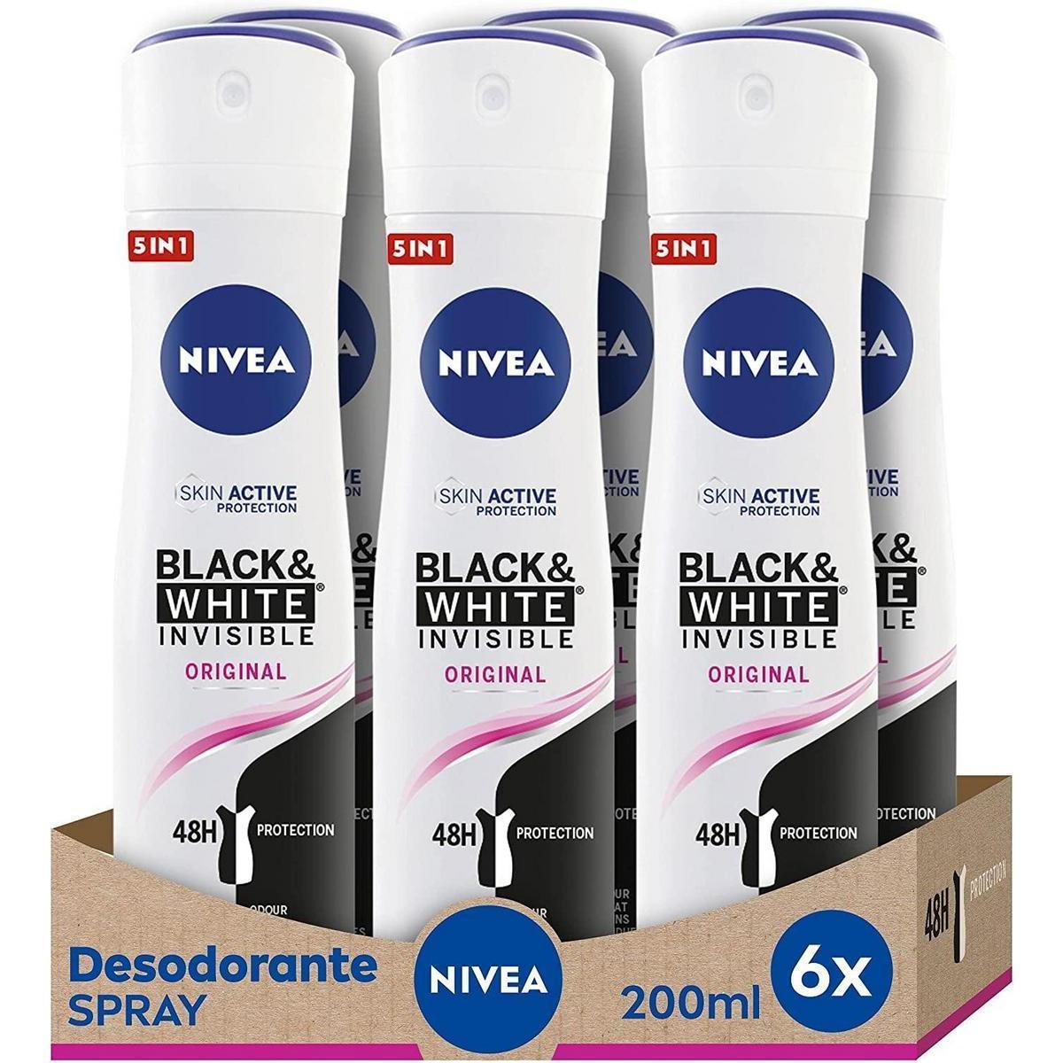 NIVEA Black & White Invisible Original Desodorizante Spray 200ml, 6 unidades, 200ml*6