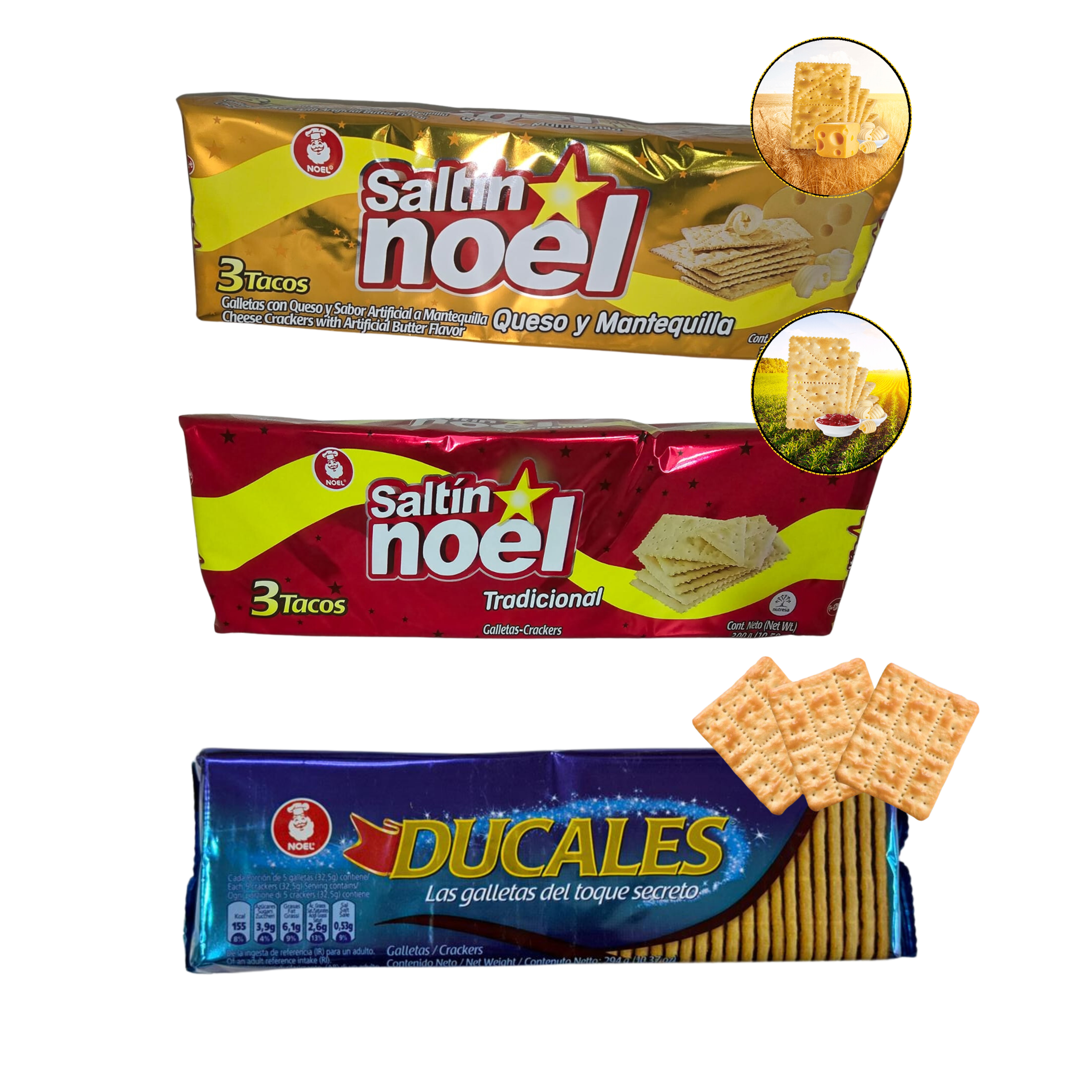 3 PAQUETES DE GALLETAS SALTIN NOEL (QUESO,TRADITIONAL,DUCALE)  -CRACKER  .DE COLOMBIA