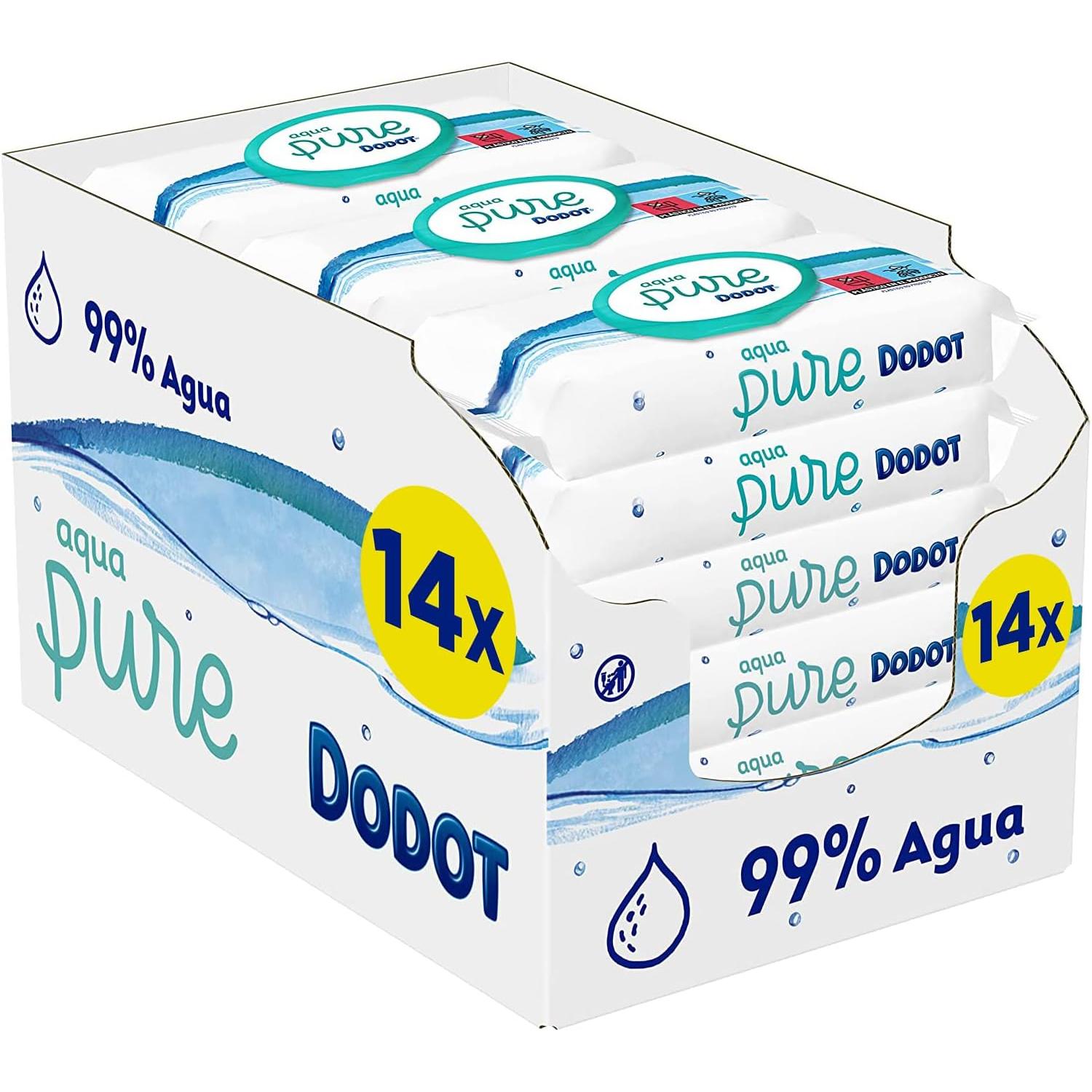 Toalhitas Dodot Pure Aqua, 99% água, 672 toalhitas, 14 embalagens (14 x 48) de toalhitas (formato duplo)