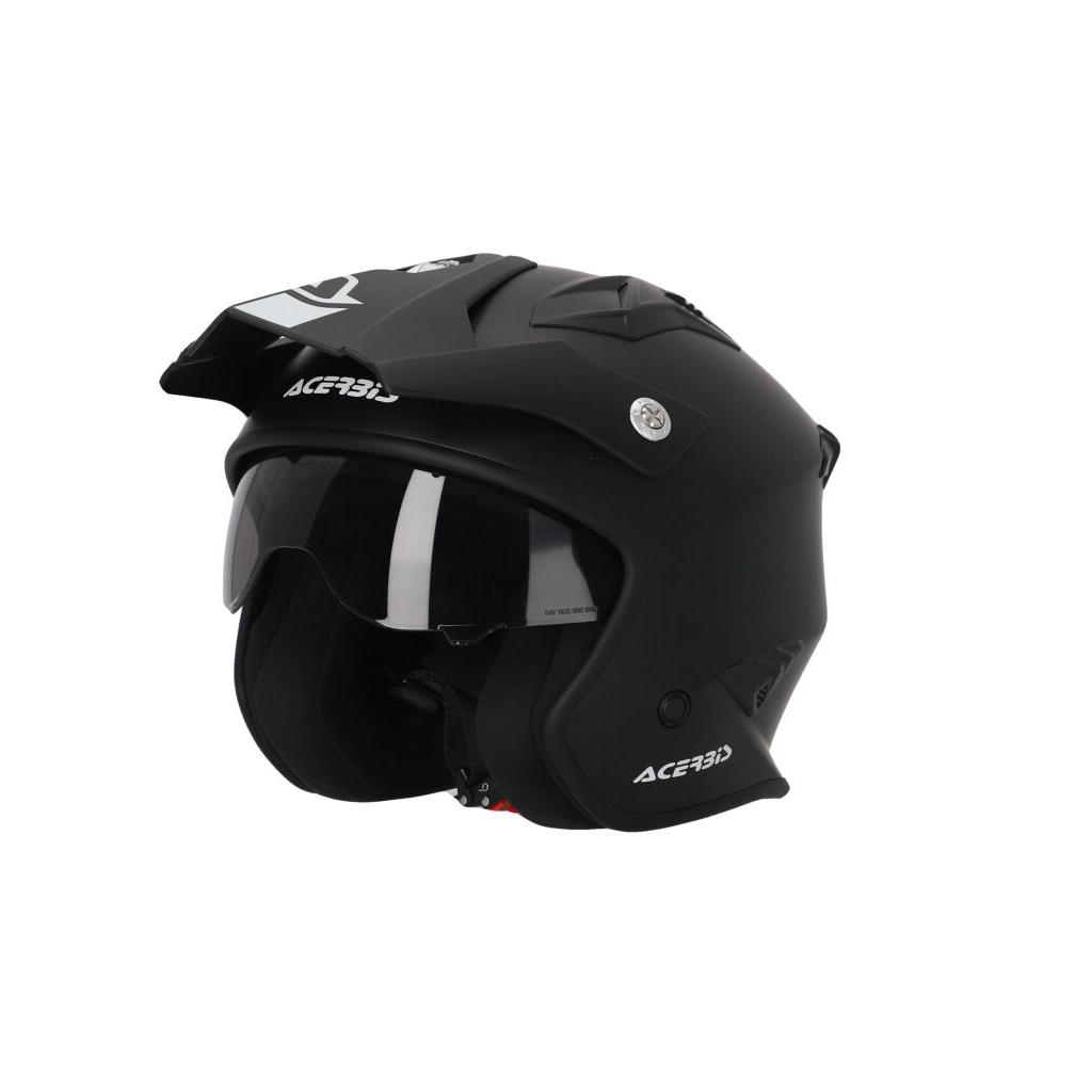 Acerbis Aria Matt Black 22.06 Jet Open Face Helmet, lightweight thermoplastic resin with adjustable ventilation, retractable solar visor, and ECE/ONU 22-06 approval, perfect for urban and trial off-road use.
