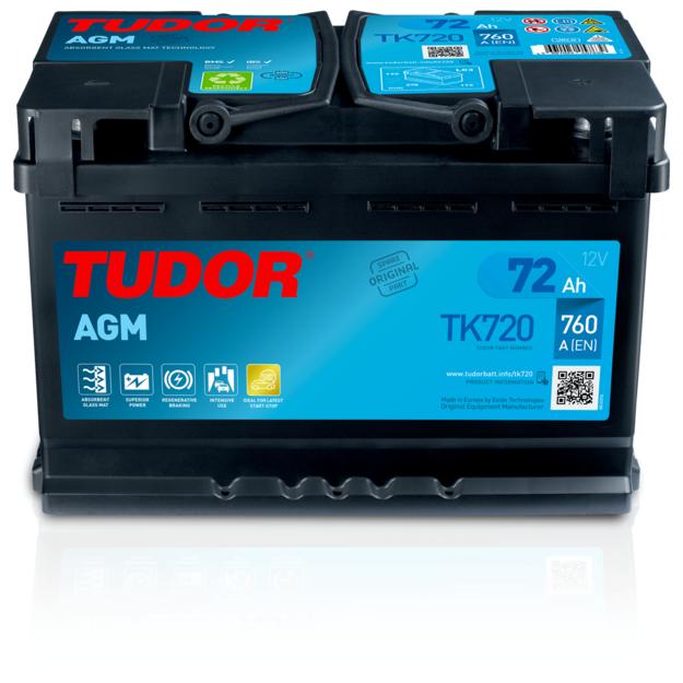 Bateria de automóvel Tudor TK720 AGM 72Ah 760A - Alta potência - Longa duração - Adequado para automóveis com sistema start-stop