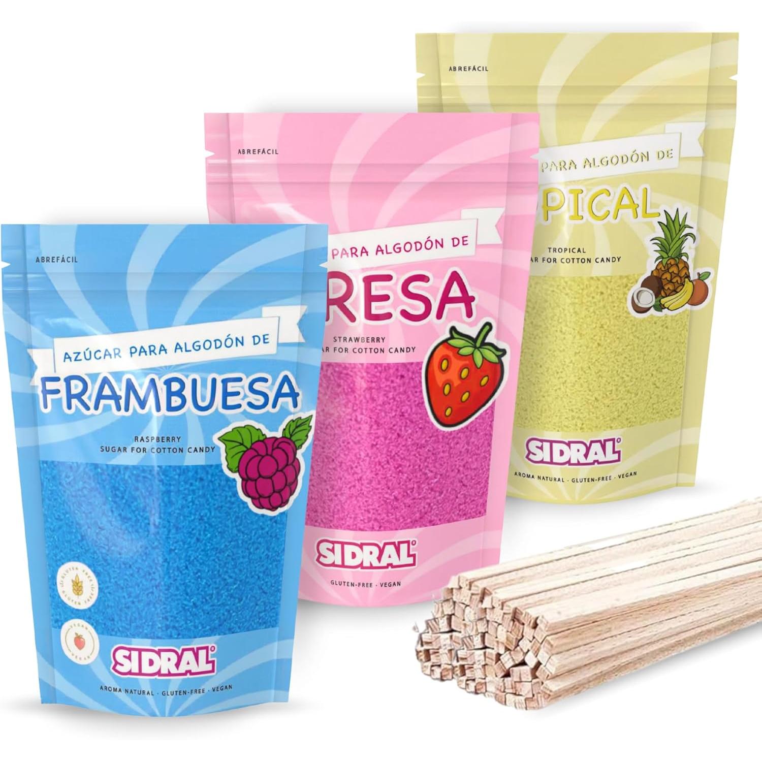SIDRAL Azucar para Máquina Algodón (3 x 250 gr) con 50 Palitos Reciclables para Degustación - Lote de 3 Sabores (Fresa, Frambuesa y Tropical), Azúcar para Algodón de Azúcar - Ideal para Fiestas