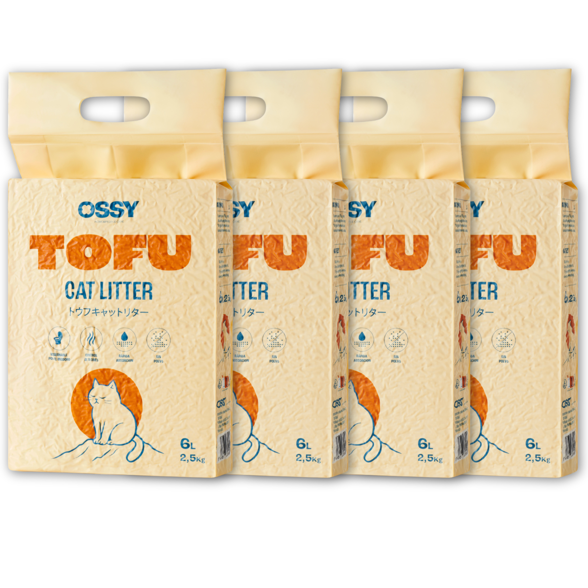 Pacote de areia TOFU x4 para gatos Ossy 10Kg–24L Areia aglomerada para gatos Sem produtos químicos Sem fragrâncias artificiais 99,98% livre de pó Retenção de odores Descartável na sanita Areia para gatos de tofu.