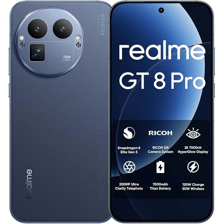 realme GT 8 Pro 5G Smartphone, EU Version, Snapdragon 8 Elite Gen 5, 12GB/256GB or 16GB/512GB, 200MP Camera, 7000mAh Titan Battery, 2K HyperGlow Display, 144Hz Refresh Rate, NFC, Dual SIM, Fast Charging