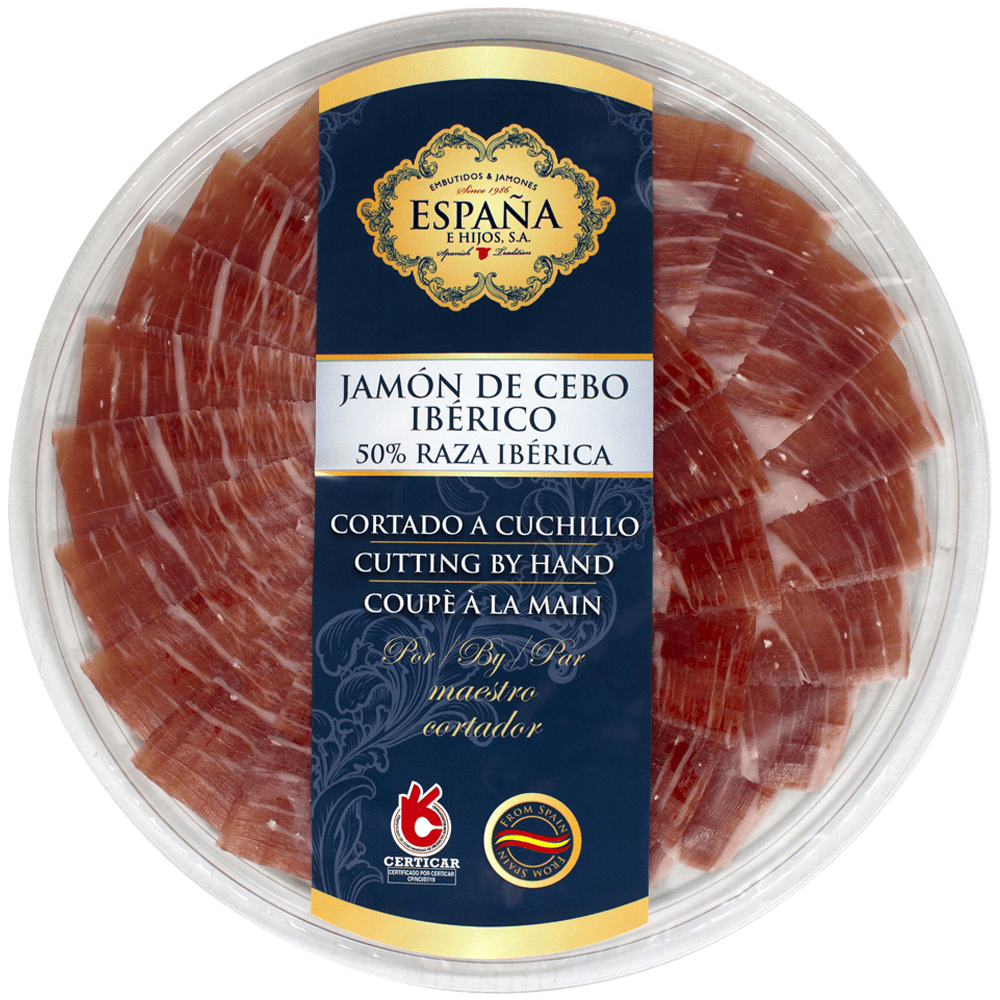 Plato de Jamón de Cebo Ibérico 50% Raza Ibérica Cortado a Cuchillo 90 g+