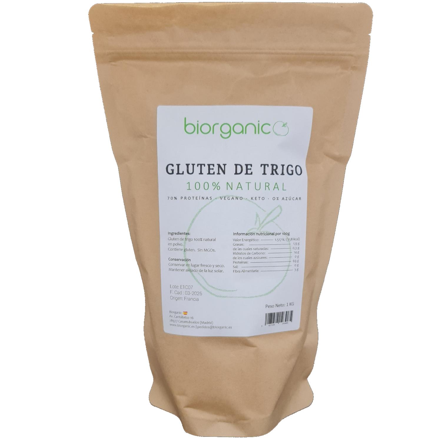 Gluten de Trigo 100% Natural  1 Kg  Keto  Vegano  Ideal para masas y para elaborar Seitán. Biorganic, marca española.