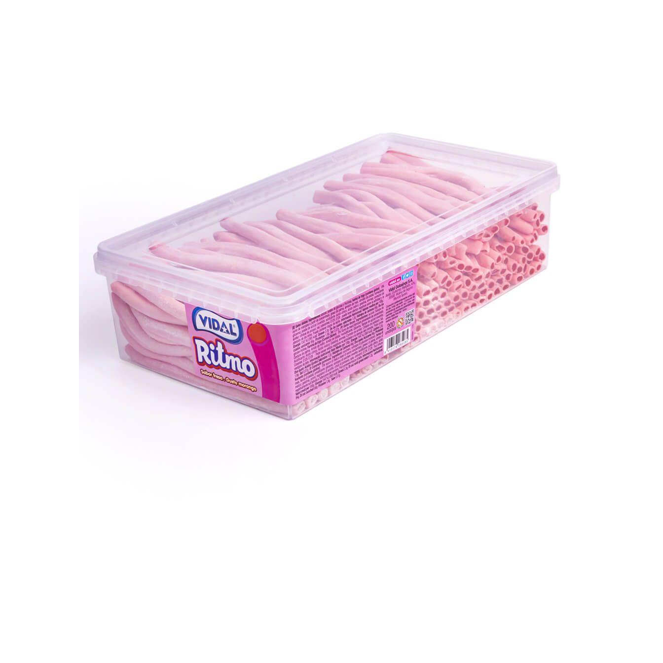 Golosinas Vidal Ritmo en bandeja de 200 unidades (1.4Kg) - Divertido regaliz con una textura más suave y un intenso sabor. Adictivos desde el primer bocado - Diferentes sabores: Ritmo FRESA-NATA, Ritmo CHICLE y Ritmo FRESA