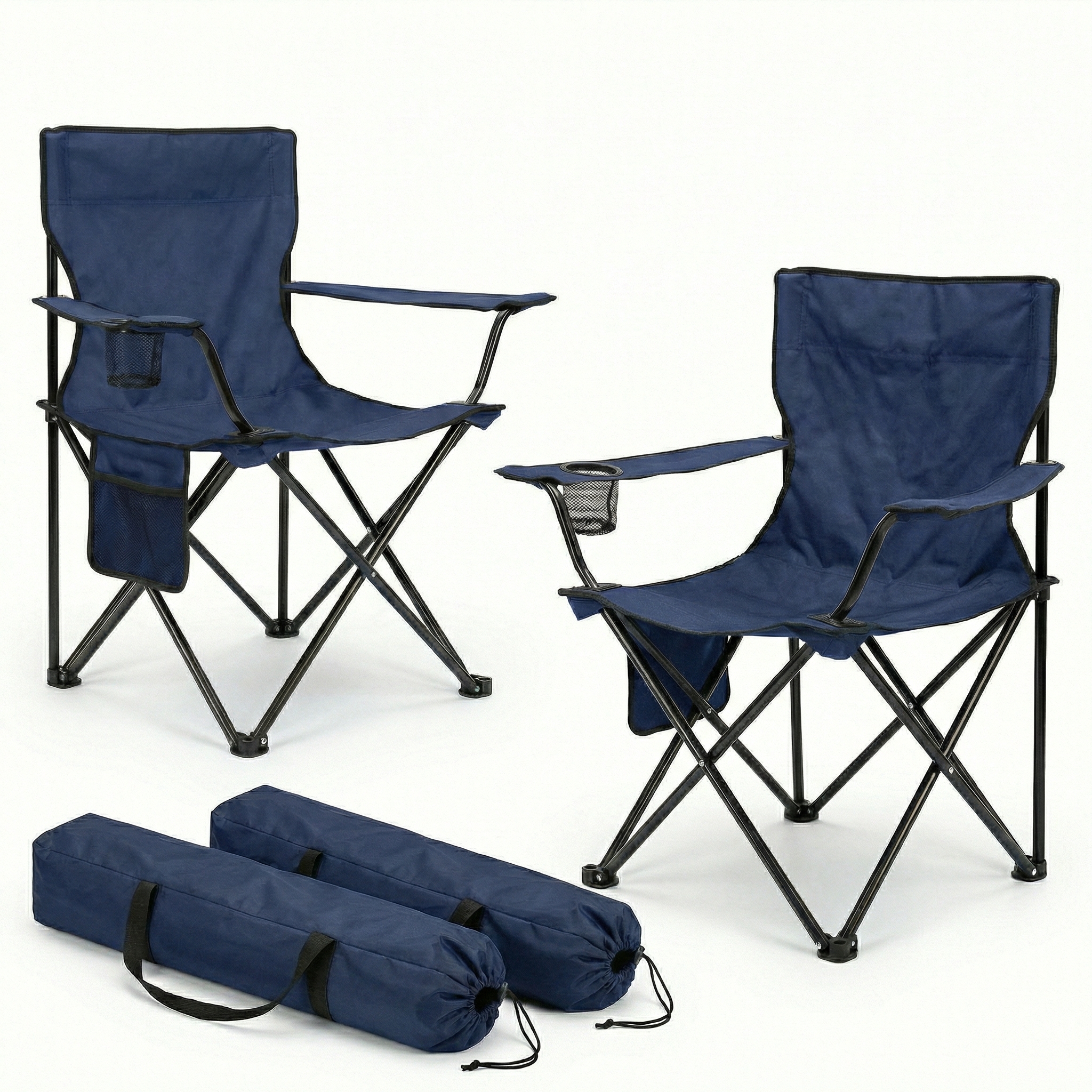 Pack de 2 Sillas Plegables de Camping con Respaldo y Reposabrazos, Incluye Portavasos y Bolsa Lateral, Sillas Portátiles Ultraligeras para Playa, Jardín, Pesca y Excursiones – Con Bolsa de Transporte