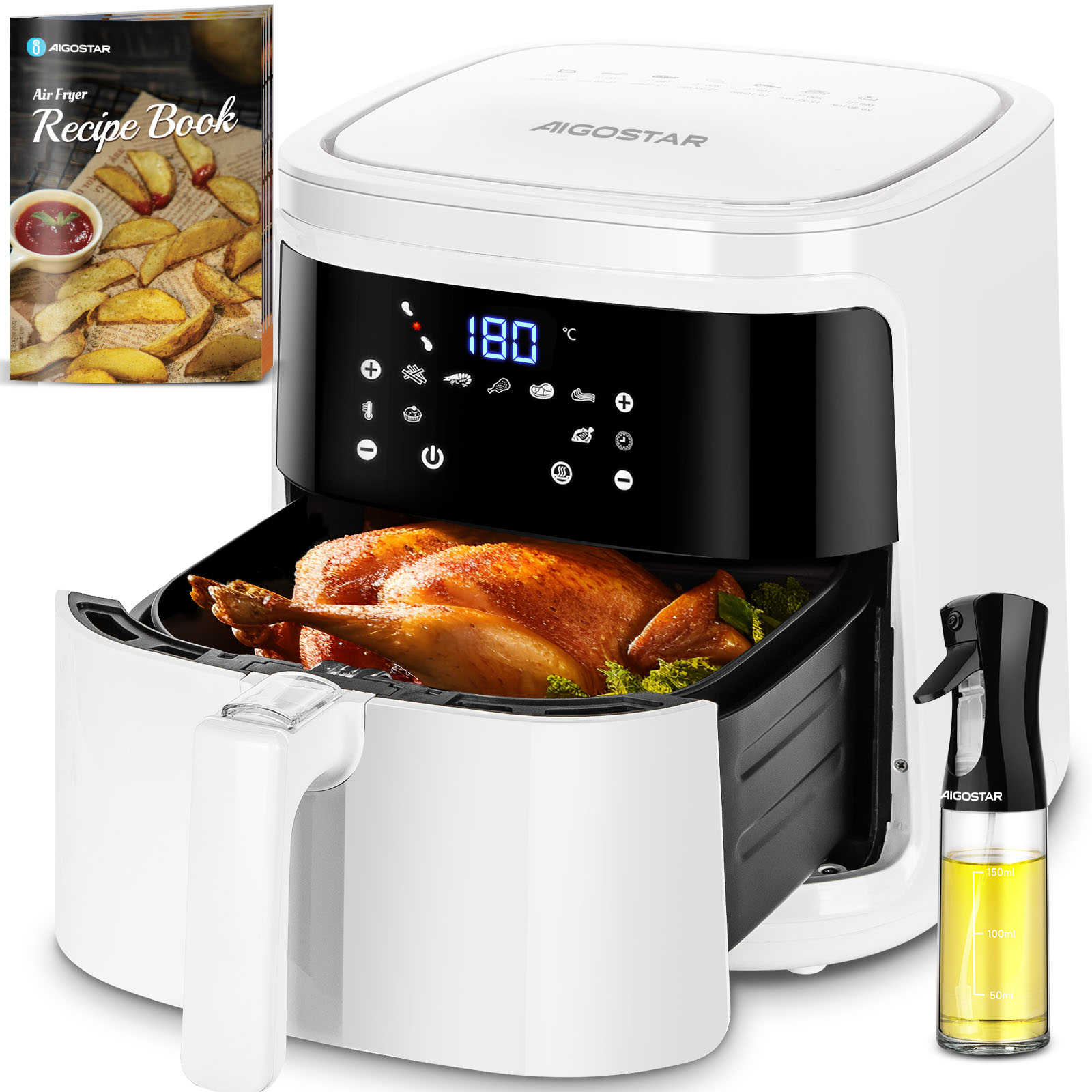 Fritadeira de ar sem óleo AIGOSTAR 7L,1900W. Ecrã táctil LED, 7 funções predefinidas + modo manter quente e manual, livro de receitas incluído, sem BPA