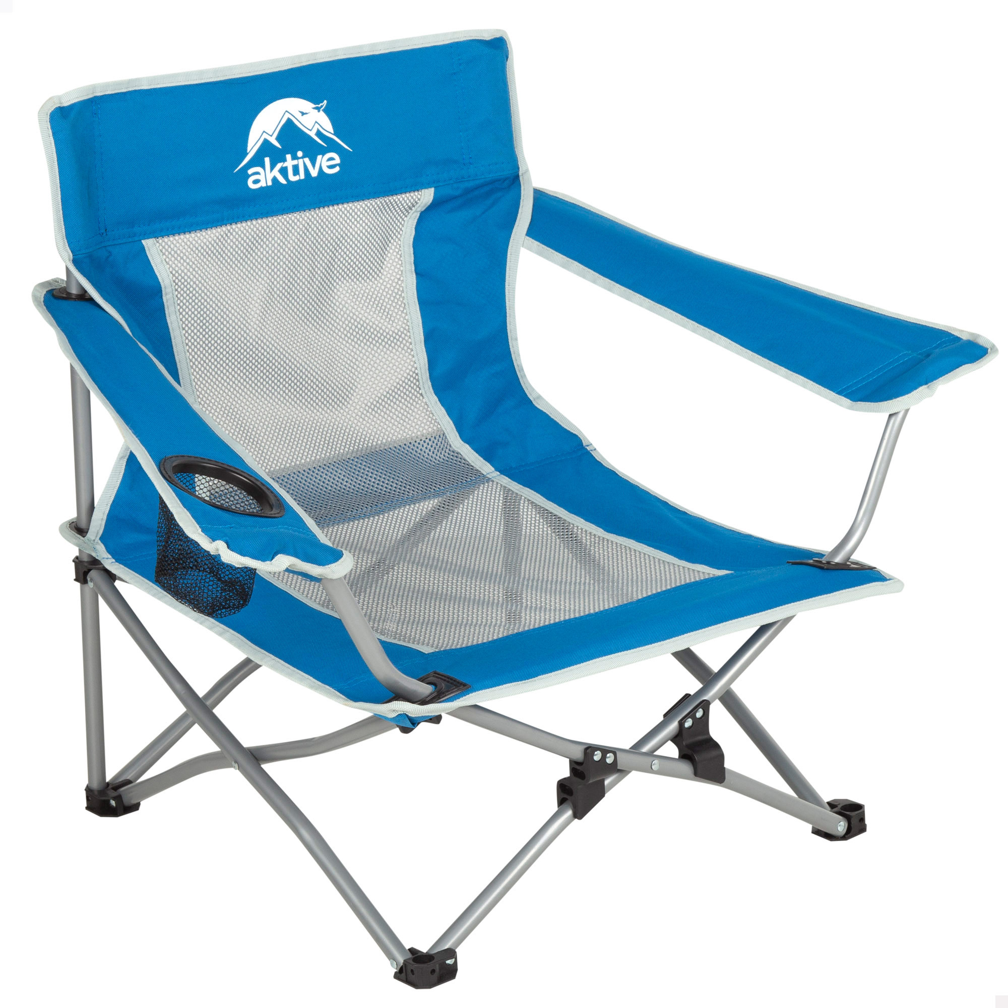 Aktive sedia pieghevole da campeggio, 49x46x60 cm, colore blu, sedile basso, portabicchieri, portacondolo, 110 kg, struttura in acciaio, tessuto poliestere, tracolla, sedie pieghevoli a fisarmonica