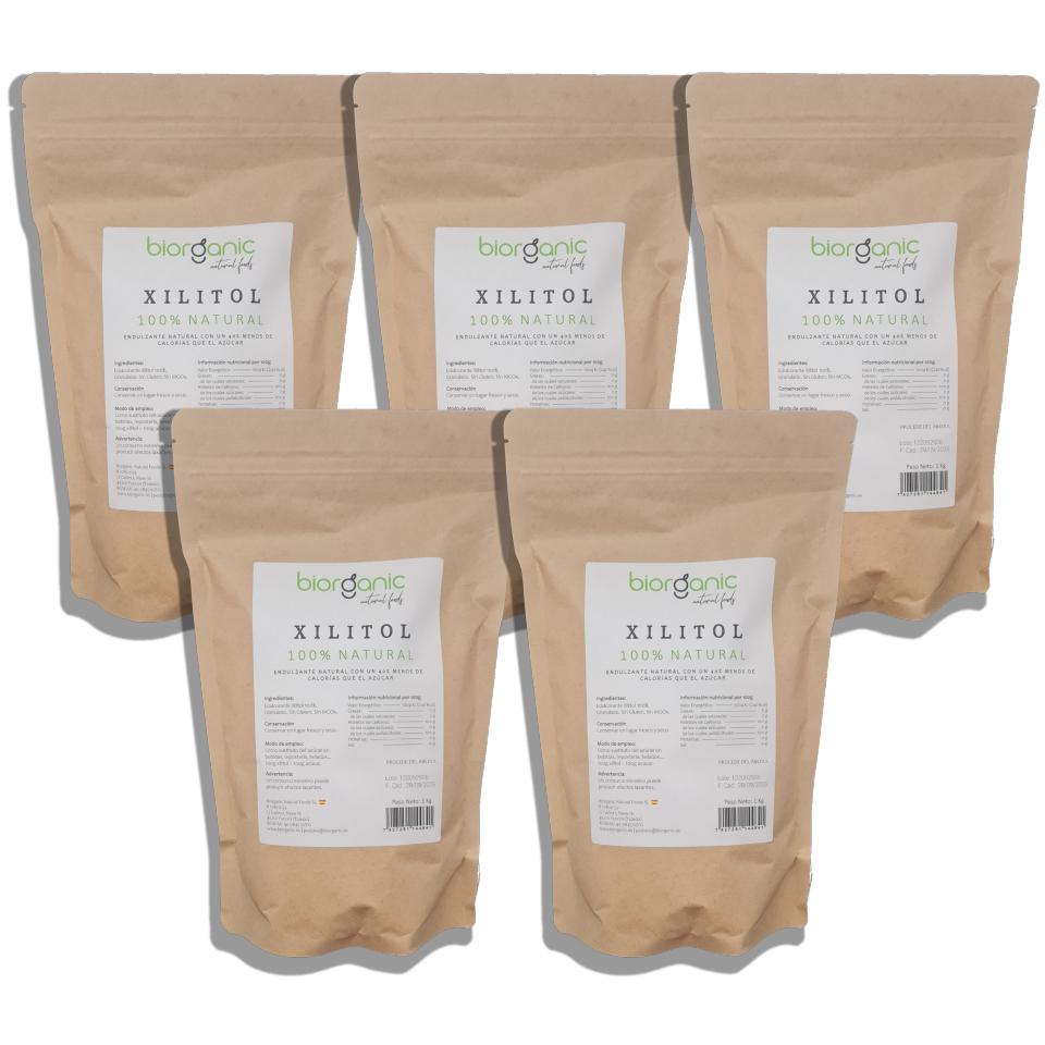 Xilitol 5 Kg - 100% Natural - Procedente del abedul- Certificado sin MGOs - Sin gluten - Vegano. Bajo en calorías y carbohidratos. Ideal repostería. Biorganic, marca española.