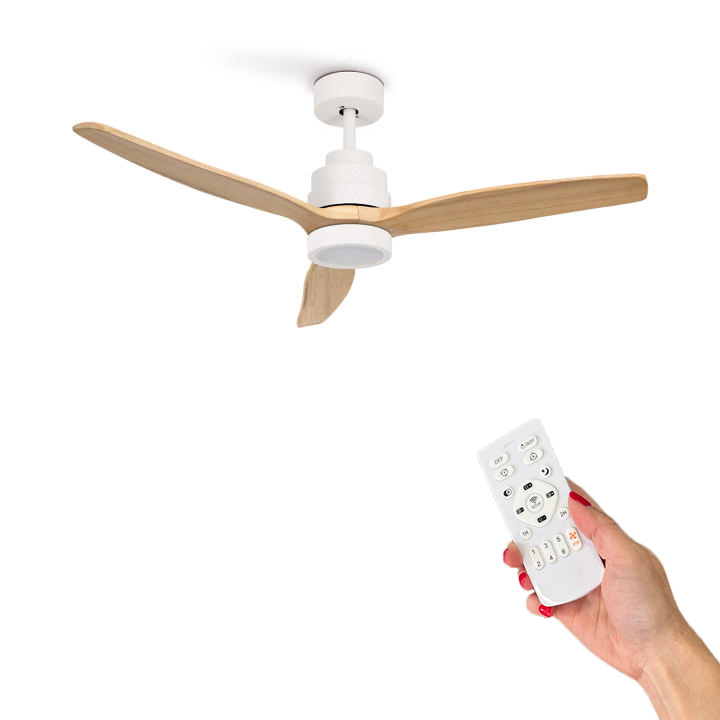 OstarkDom Ventilador de Techo LED 132cm con Mando a Distancia, Motor DC Silencioso, Luz Regulable CCT, Temporizador, Verano/Invierno, Blanco, Aluminio y Madera – 12540 m³/h OstarkDom-LEDUNI