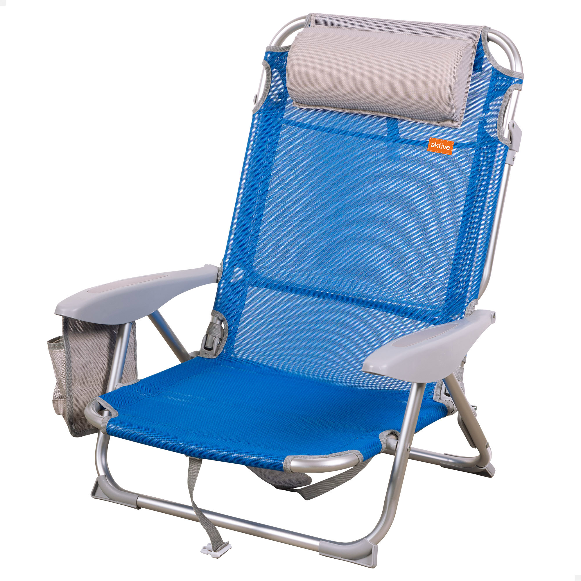 Aktive Foldable Beach Chair with Cushion, adjustable backrest, made of aluminum and textileno, supports up to 100 kg, features 4 reclining positions, side pocket, and padded transport handle for easy carrying.