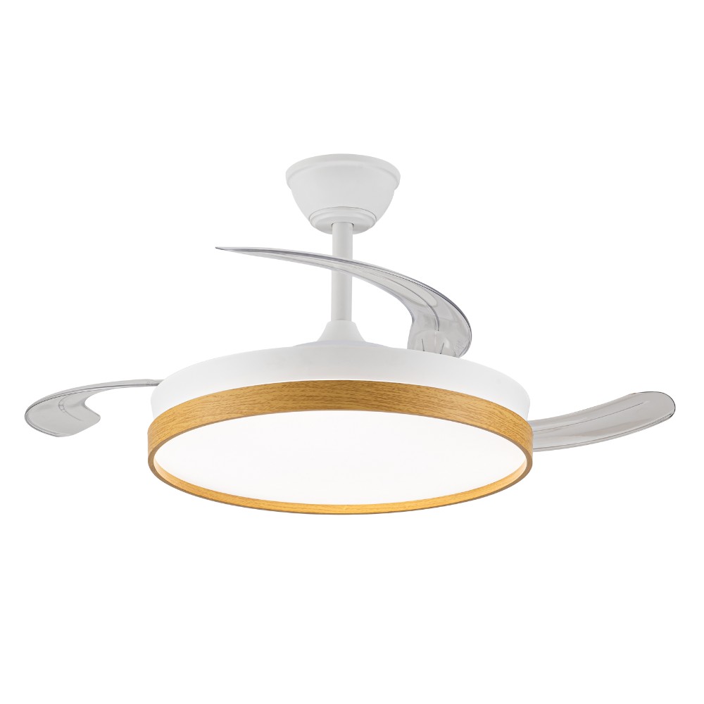 Ventilador de teto modelo SECUOYA branco/madeira motor DC 6 velocidades Tecnologia Led 45W sistema CCT 4400 Lumens, Comando à distância com temporizador, luz regulável em cor e intensidade, Memória do motor inverter ultra silencioso verão/inverno
