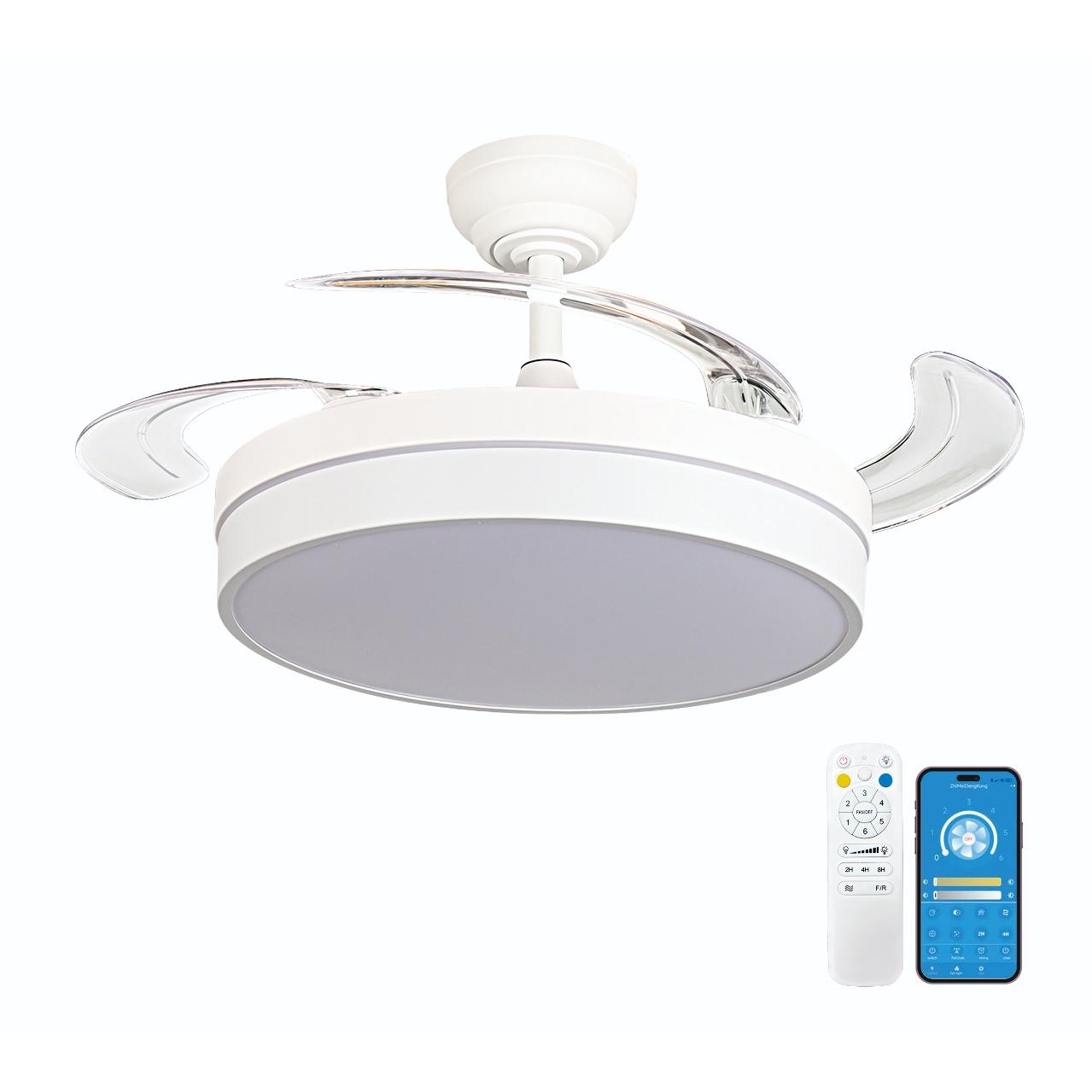 Ventilador de techo con luz de 84 W, ultra silencioso, invisible, con mando a distancia y aspas retráctiles, función verano-invierno, mando integrado (blanco nieve) [Clase energética F] OstarkDom-LEDUNI