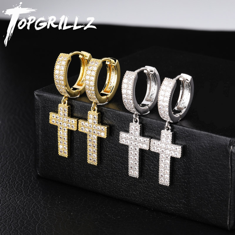 TOPGRILLZ-pendientes de circonia cúbica con forma de cruz helada para hombre y mujer, aretes de Material de cobre, Color dorado y plateado, joyería de Hip Hop Rock