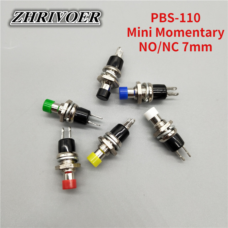 Mini interruptor de botón momentáneo, 6 piezas, PBS-110, NO/NC, 7mm, rojo, amarillo, verde, azul, negro, blanco