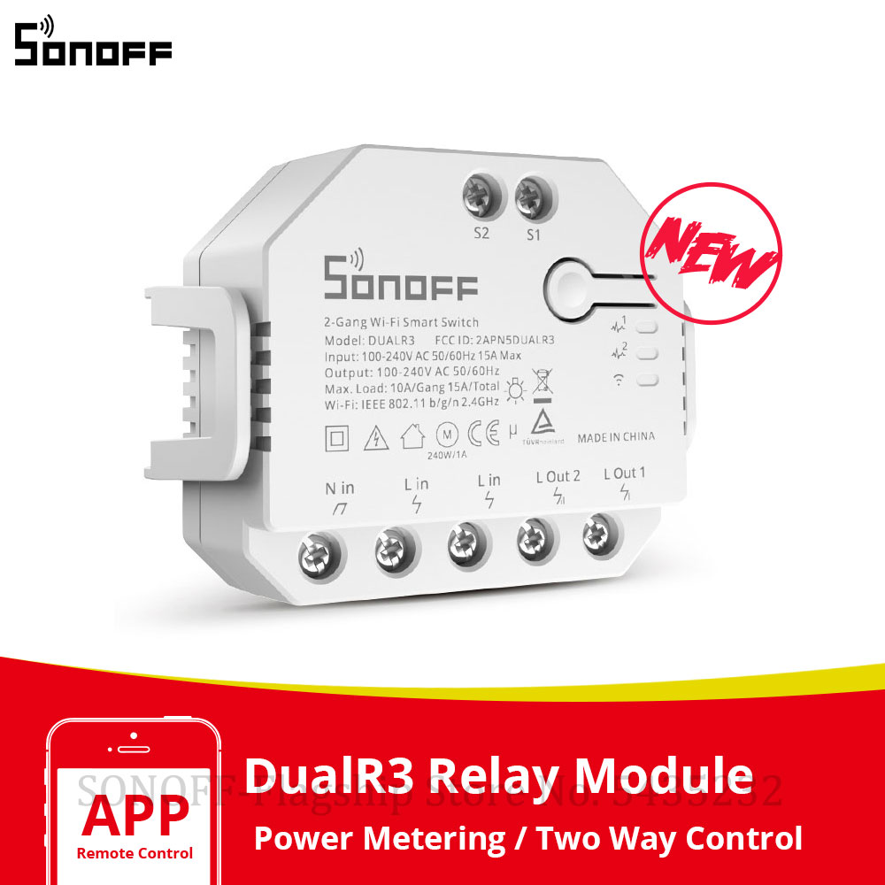 Itead SONOFF DualR3 Saklar Wifi Pintar Kontrol 2 Arah DIY Meteran Daya Sakelar MINI Kontrol Suara 2 Gang Melalui Alexa Google Home