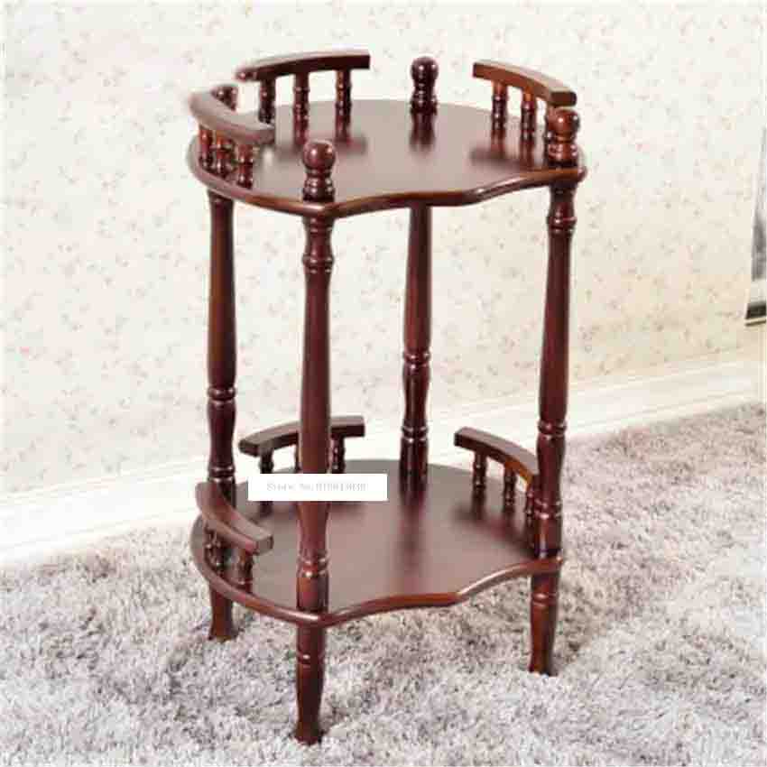 Nueva mesa de centro china moderna de madera maciza, estante multiusos en forma de flor, estante de doble capa marrón, estante de esquina lateral, estante para té