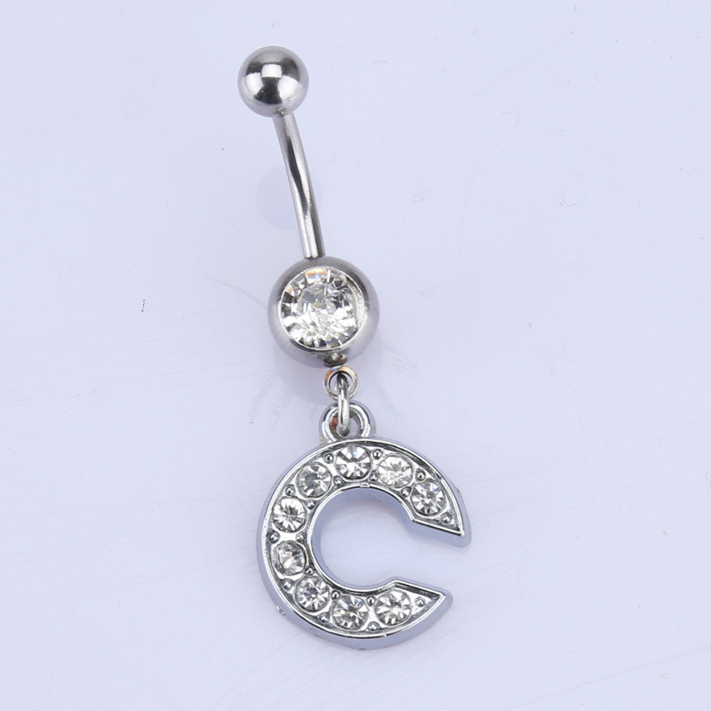 1Pc Pierścionek z literą Rhinestone Alfabet Wisiorek Pępek Biżuteria do przekłuwania ciała Srebrny kolor Nombril Piercing Prezent Kobiety