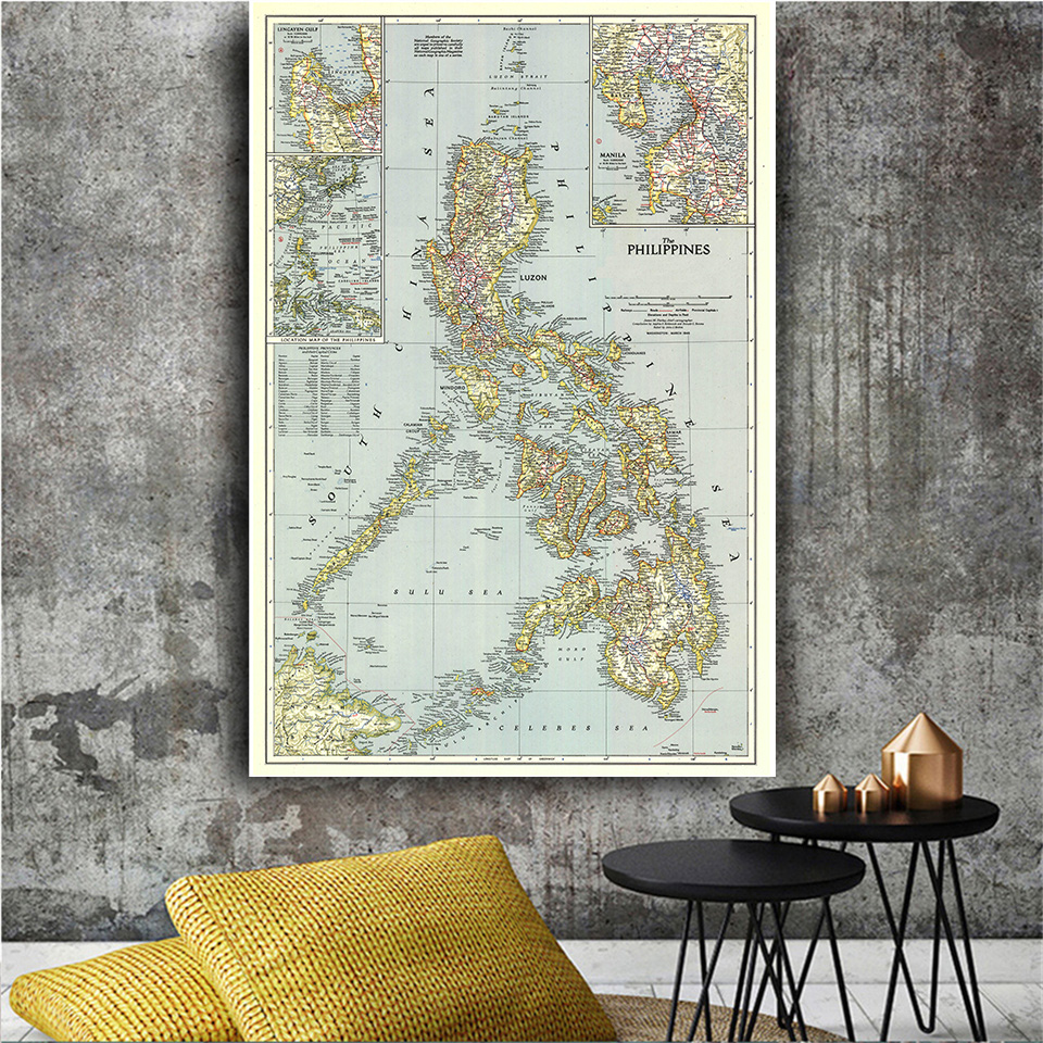 150*225cm mapa vintage filipino (1945) pôster artístico detalhado para parede pintura em tela não tecido material escolar decoração para casa
