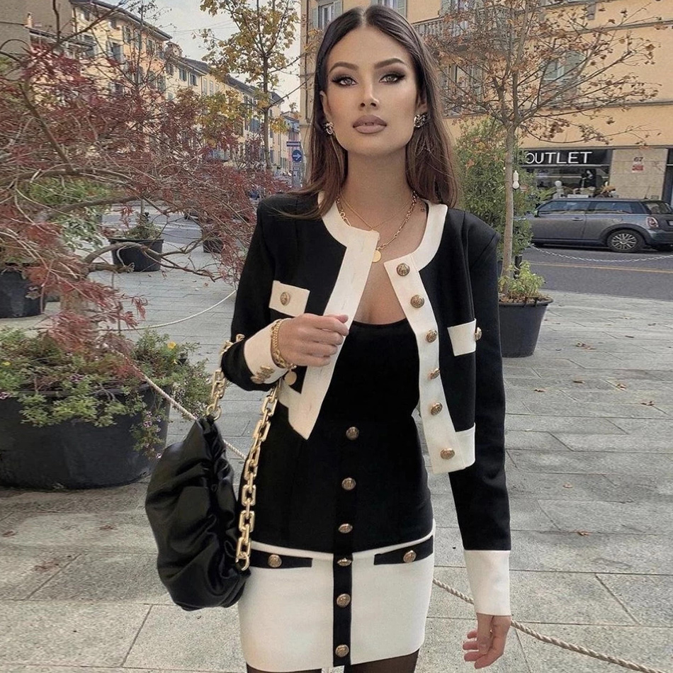 Damen O-Ausschnitt Langarm Jacke und Rock Set Bodycon Bandage Button Sexy Hochwertige Herbst party 2 Set 2024 Neu