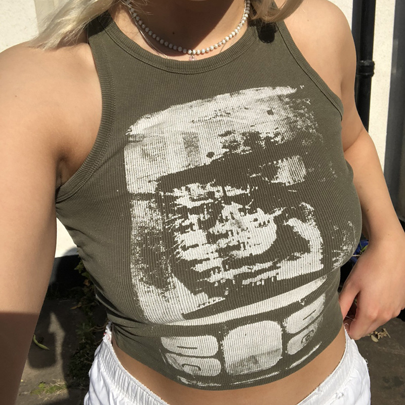 Top corto sin mangas con cuello redondo para mujer, Tops de corsé, Camiseta básica para Club, y2k, estampado