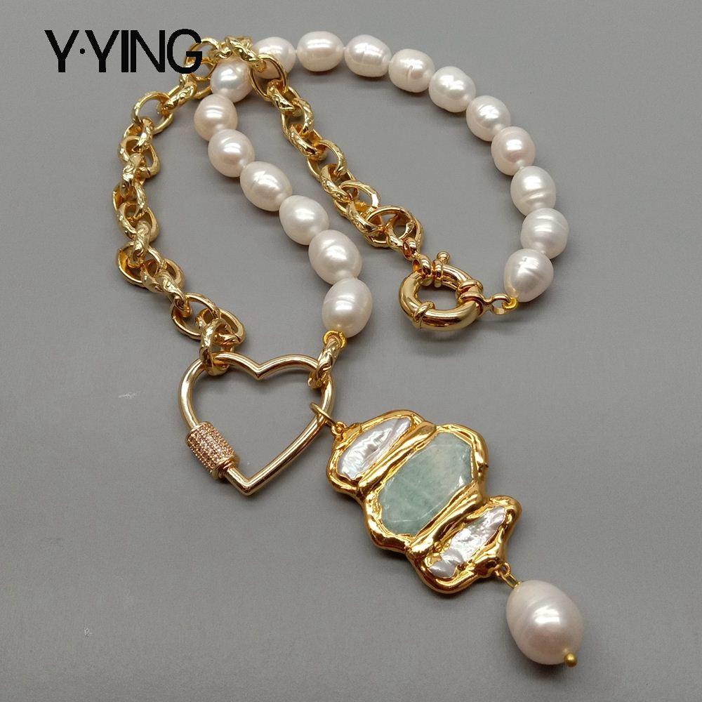 Y.YING Kalung Mutiara Air Tawar Beras Putih Alami Rantai Berlapis Warna Emas Liontin Amazonite Mutiara Biwa 19'