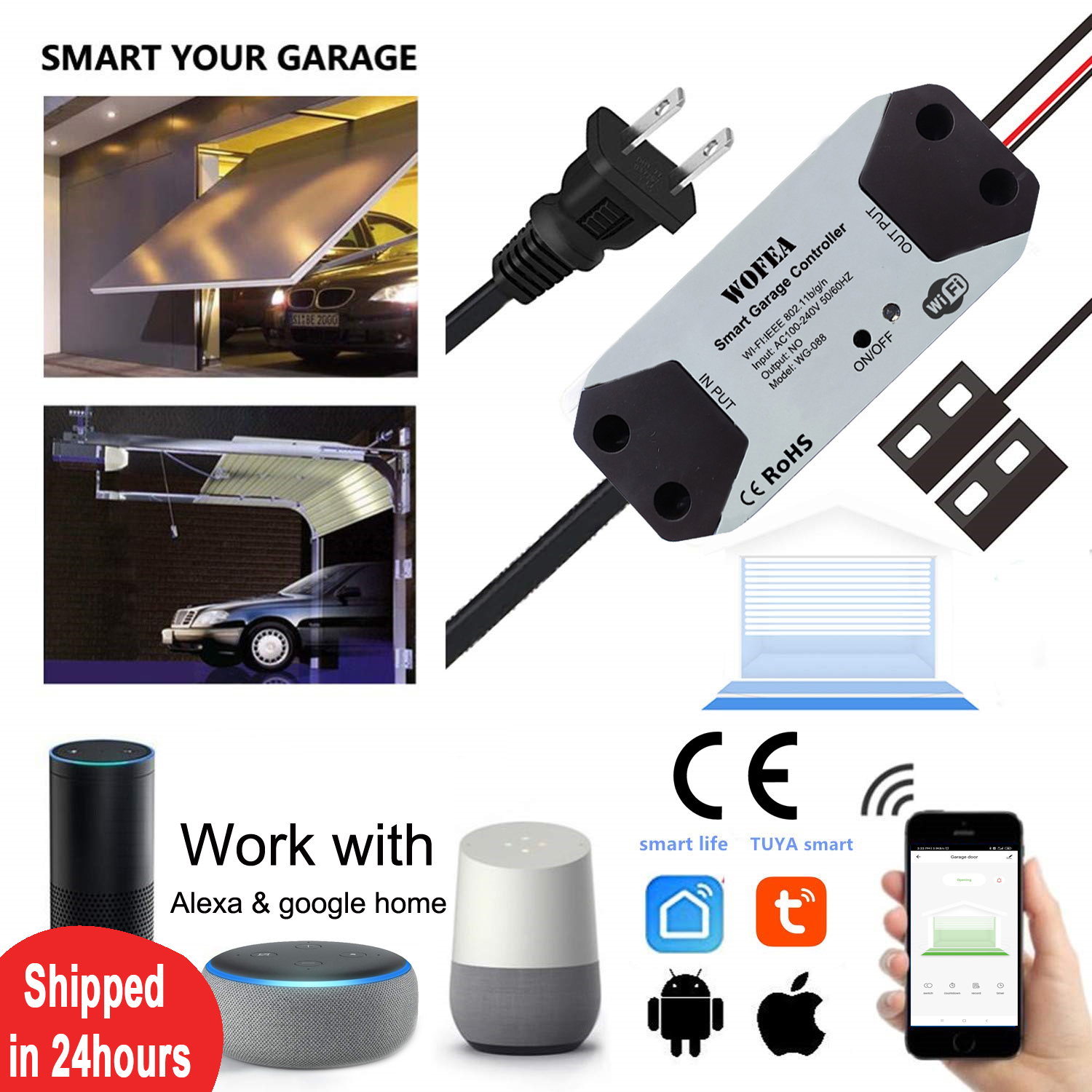 Wofea WiFi 스위치 스마트 차고 문 오프너 컨트롤러 Alexa Echo와 함께 작동 Google 홈 SmartLife/Tuya APP 제어 허브 필요 없음