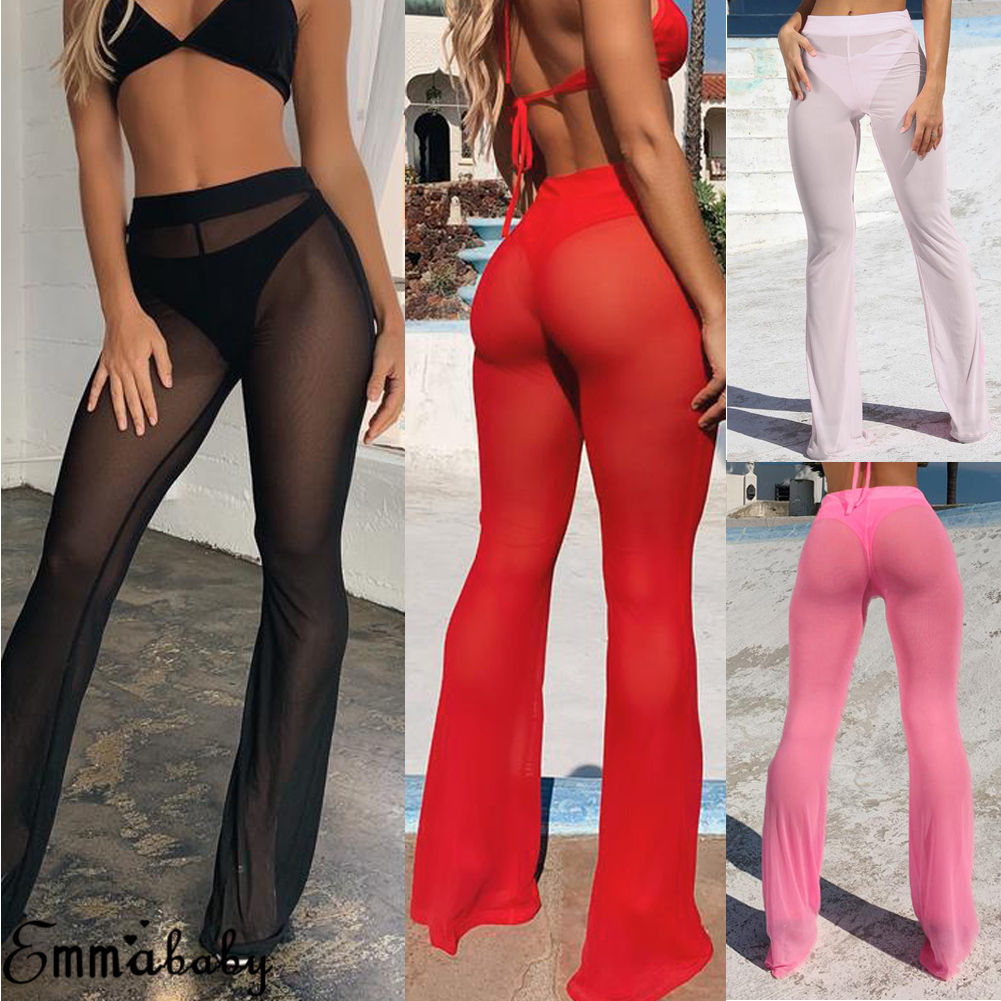 Frauen Sexy Strand Sheer Mesh Durchsichtig Transparent Hohe Elastische Taille Bikini Cover Up Bademode Bell-Bottom Flare Hosen Hosen