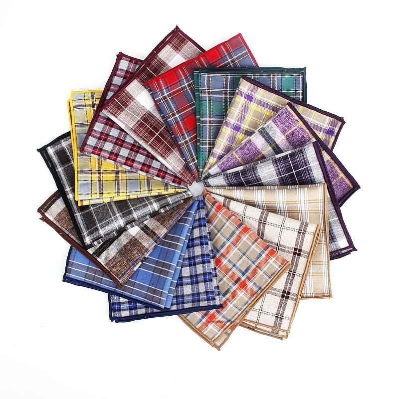 Lenço de algodão colorido xadrez, impressão de bolso quadrado, casual com bolsos quadrados