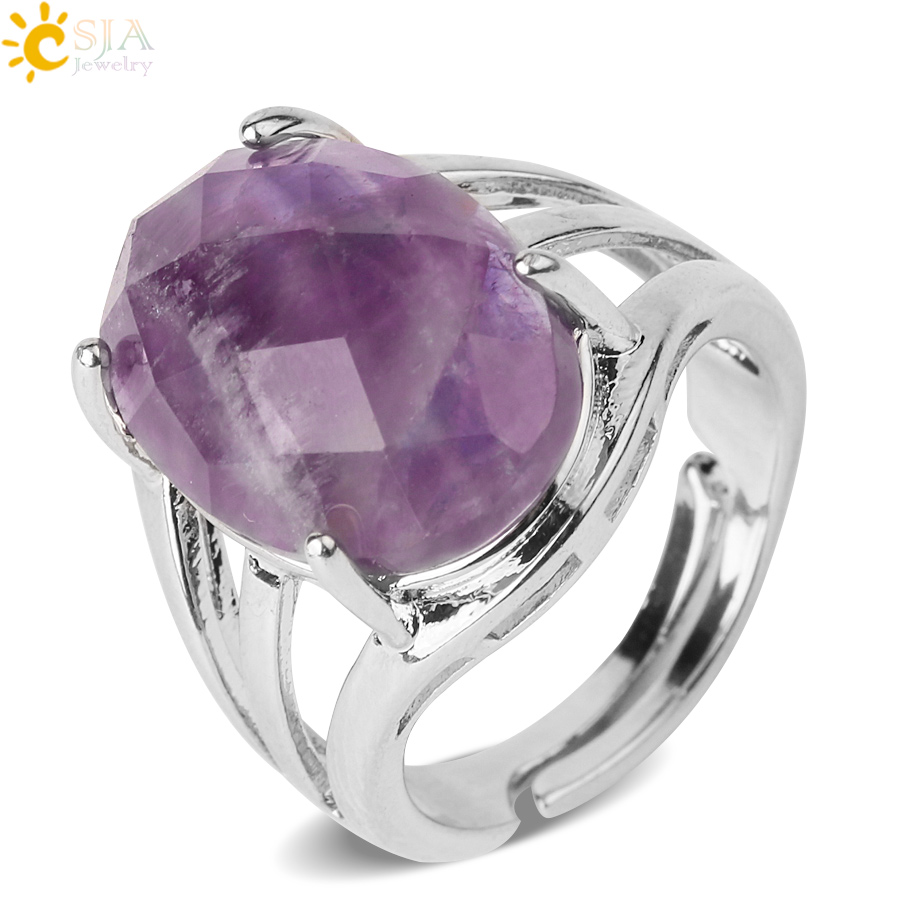 Anéis de Pedra Natural em Forma de Ovo, Cabochão Multifacetado de Cristal Ametista e Lápis, Anel de Cor Prata para Mulheres, Ajustável G616