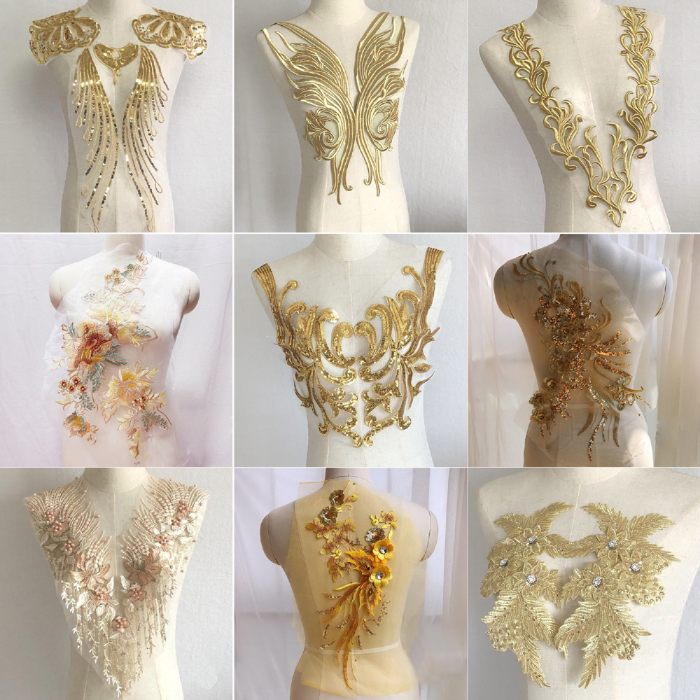 Ropa parche de flores de lentejuelas doradas apliques tela de encaje costura vestido bordado DIY parches de trabajo hecho a mano
