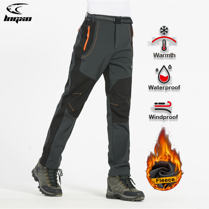 LNGXO Pantaloni da trekking in pile spesso caldo da uomo Pantaloni da pioggia invernali impermeabili antivento per esterni Soft Shell Trekking Pantaloni da sci da campeggio