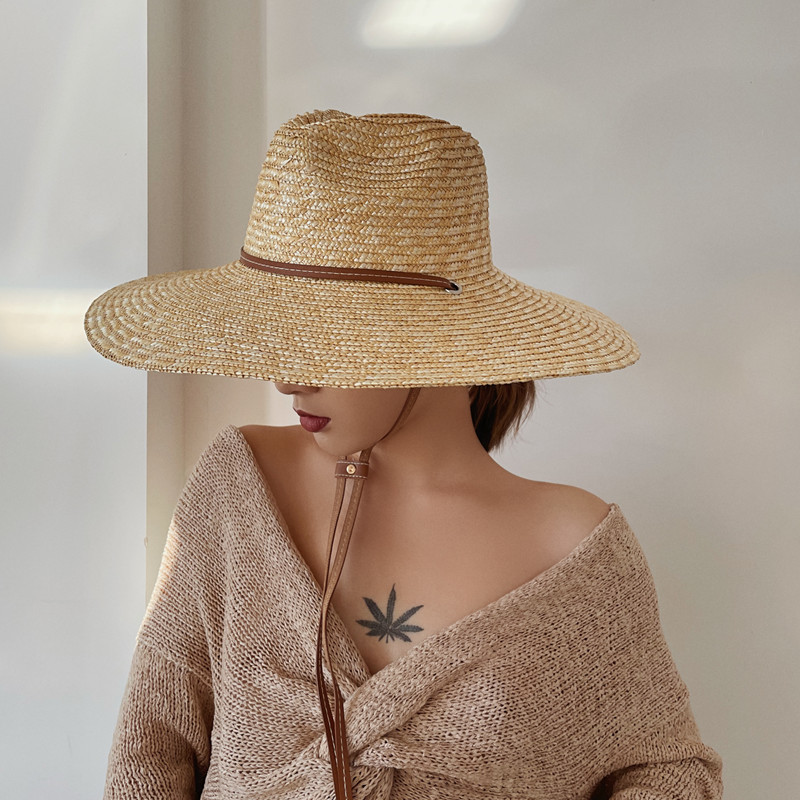 Novo Chapéu de Sol de Palha com Tira 2024 para Mulheres, Chapéu de Praia com Proteção UV, Chapéu Panamá de Aba Larga para Viagem, Atacado para Atividades ao Ar Livre